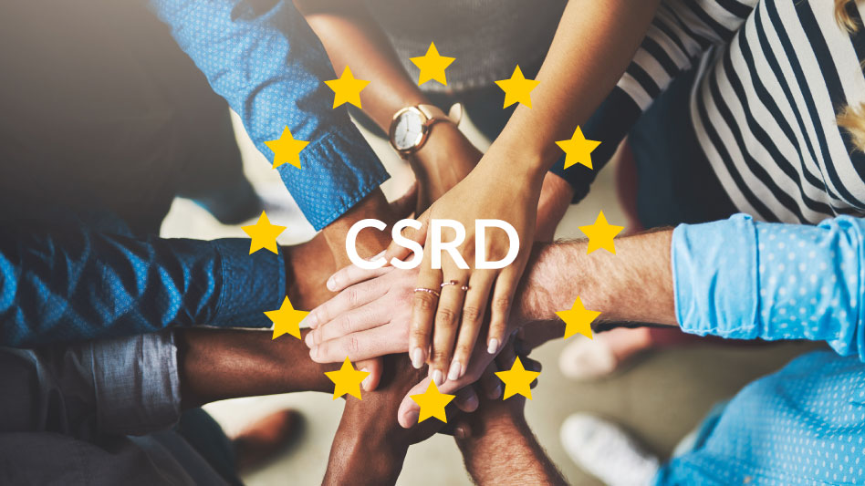 CSRD graphic above a group of people putting their hands together