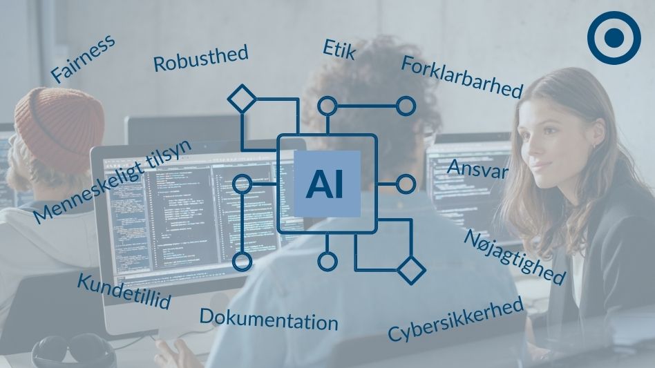 Graphic showing AI buzzwords, with background of collegues talking.