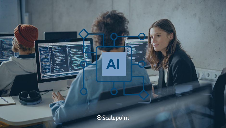 AI grafik med kollegaer der snakker i baggrunden